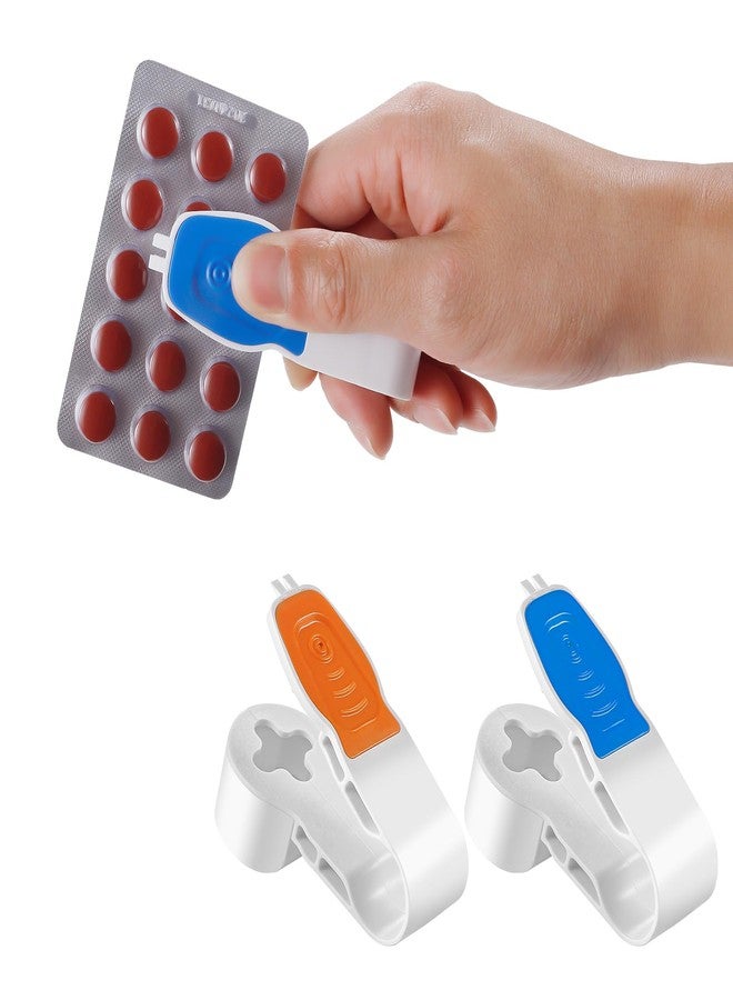 Kingmall 2nd Generation Pill Extractor Tool with Storage Compartment, Medicine Blister Pack Remover, Dual Tooth Design for Foil Piercing, Built-in Organizer Box,(Orange and Blue) 2 pcs - Image 1